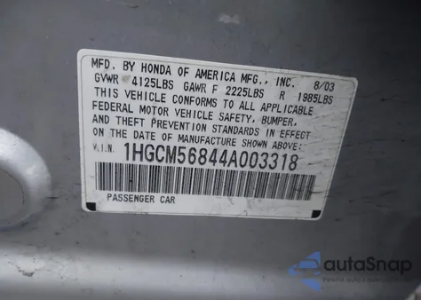 2004 Honda Accord 2.4 Ex from USA, damaged, VIN 1HGCM56844A003318